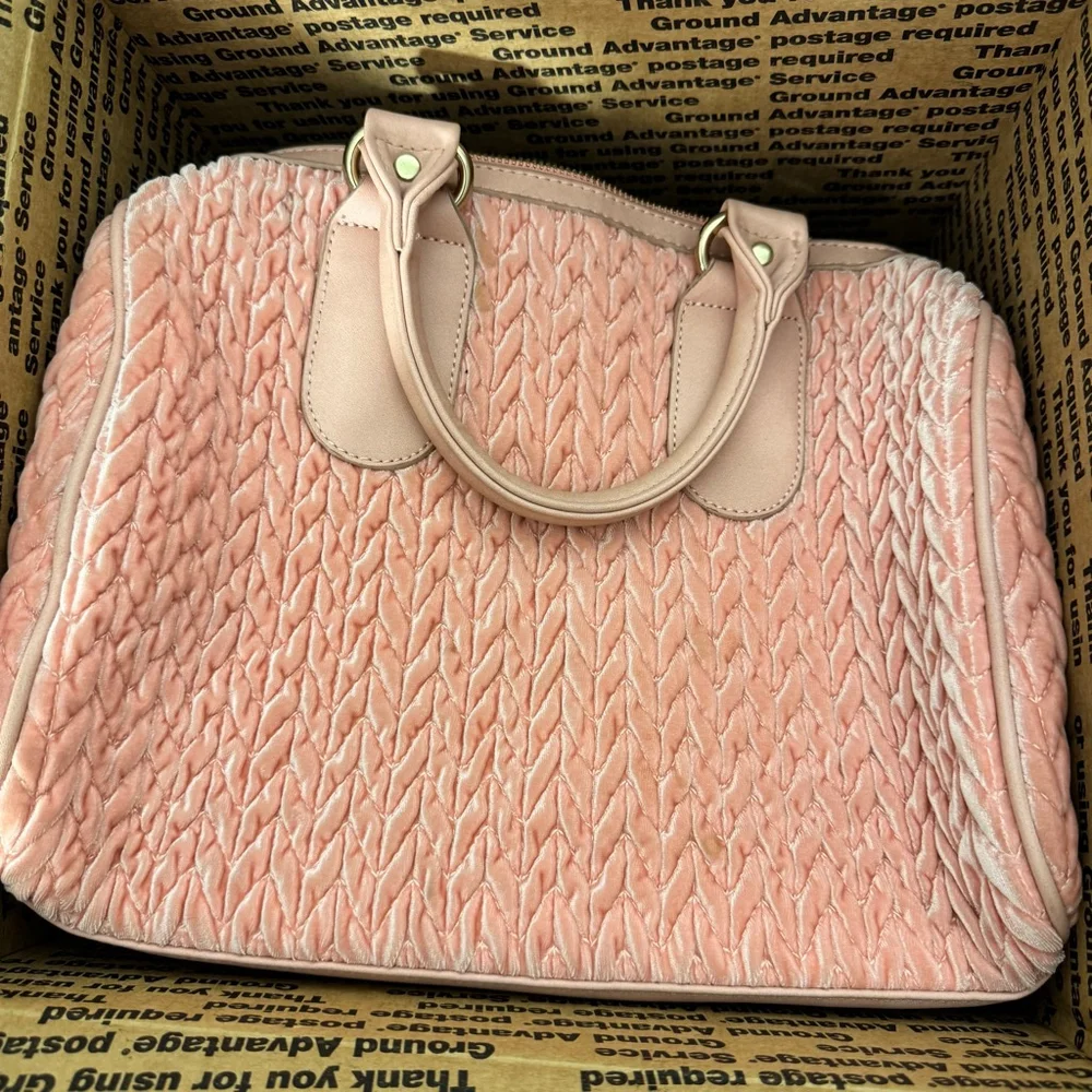 Pink Quilted Velvet Chevron Boston Satchel Handbag Crossbody Strap